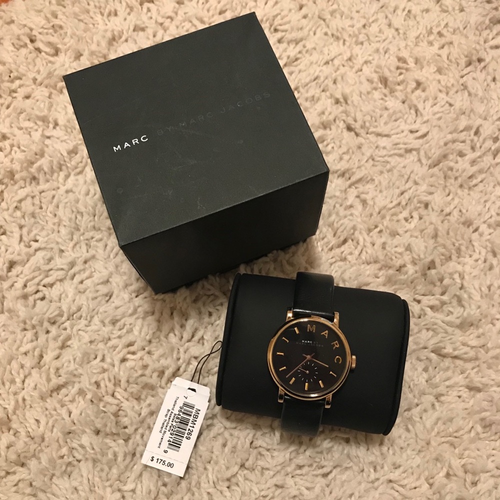 Marc Jacobs black leather watch with gold trim